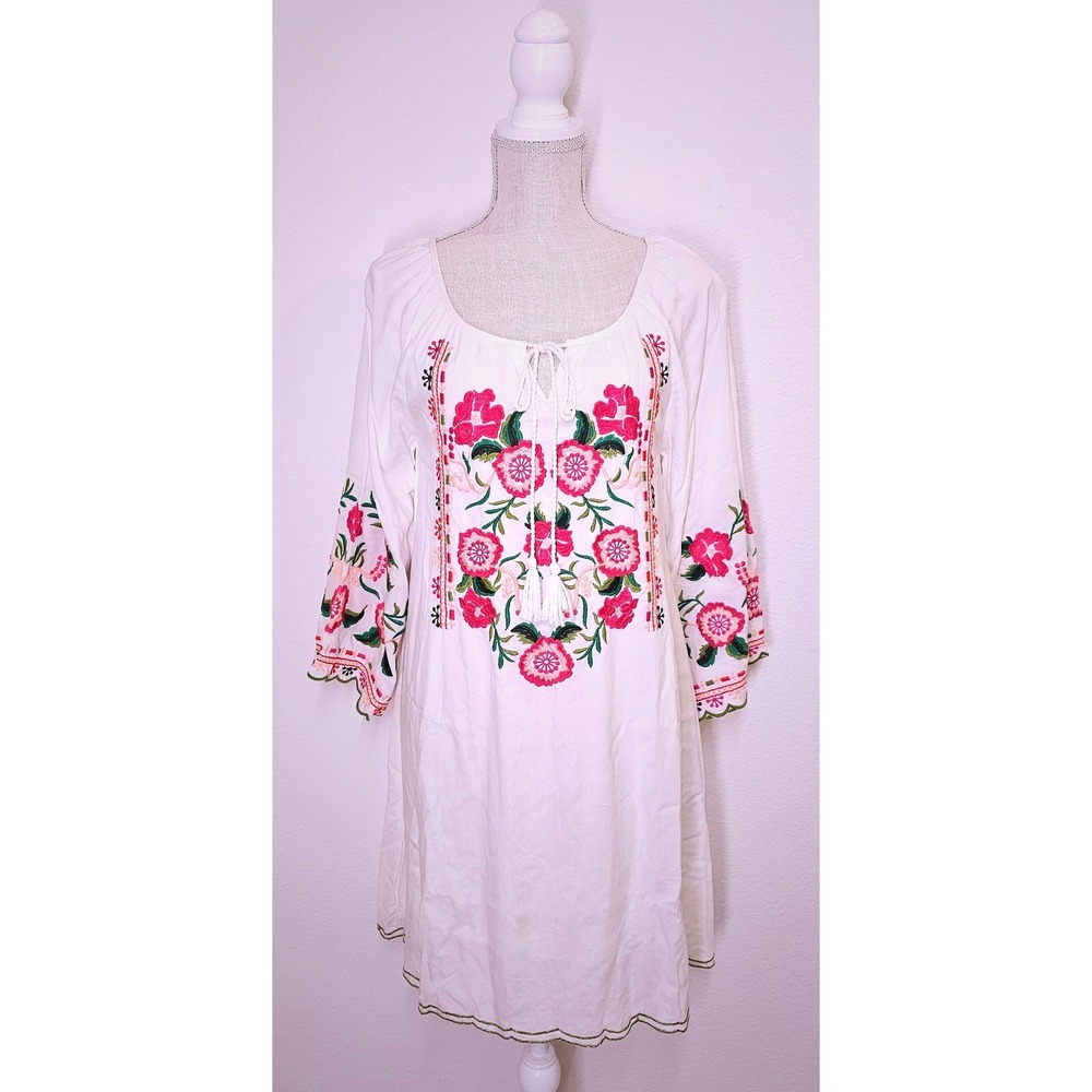 Chic Connection White Floral Embroidered Peasant Dress Tassel Tie Summer Small